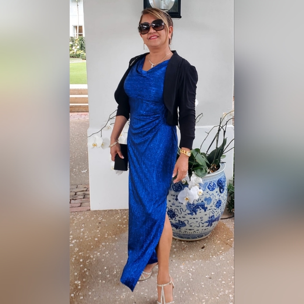 Connected Apparel Vibrant Blue Draped Maxi Dress. 8P